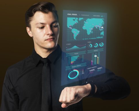 Businessman using smartwatch hologram presentation wearable gadget