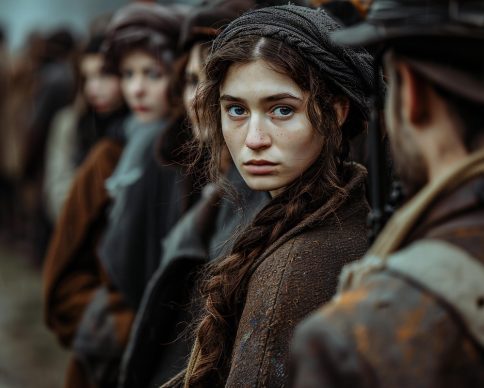Stock photo of a woman standing at a line of people without coats?, in the style of historical drama, dark black and amber, movie still, use of paper, jewish life scenes, eastern and western fusion, relatable personality, --ar 3:2 --style raw --stylize 250 --v 6