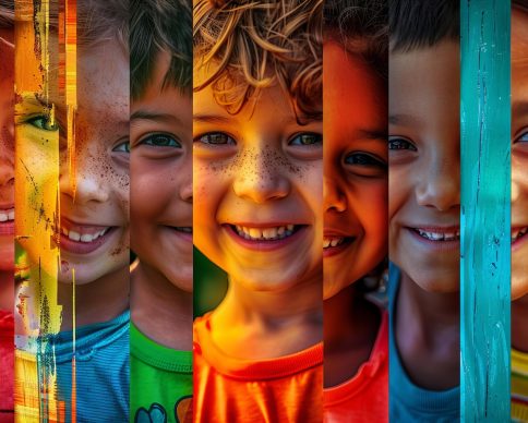 a picture depicts different children smiling in different colors, in the style of digitally manipulated images, intense close ups, rui palha, uhd image, caras ionut, queer academia, authentic expressions, --ar 3:2 --style raw --stylize 150