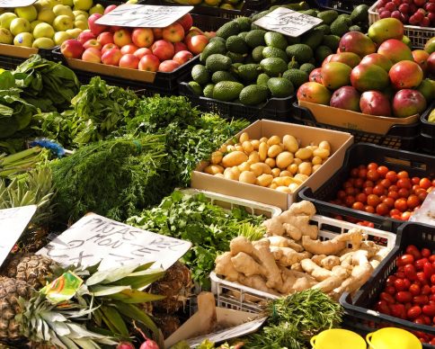 Marbella, Malaga province, Andalucia, Spain - March 18, 2019 : fresh fruits and vegetables for sale in a local farmers market