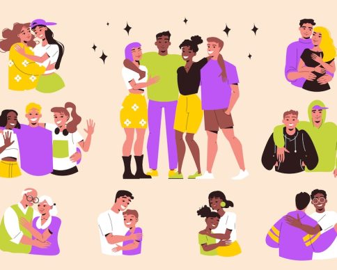 Hugging people flat set with young and elderly couples friends parents with children isolated on color background vector illustration