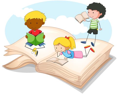 Three kids reading storybook illustration